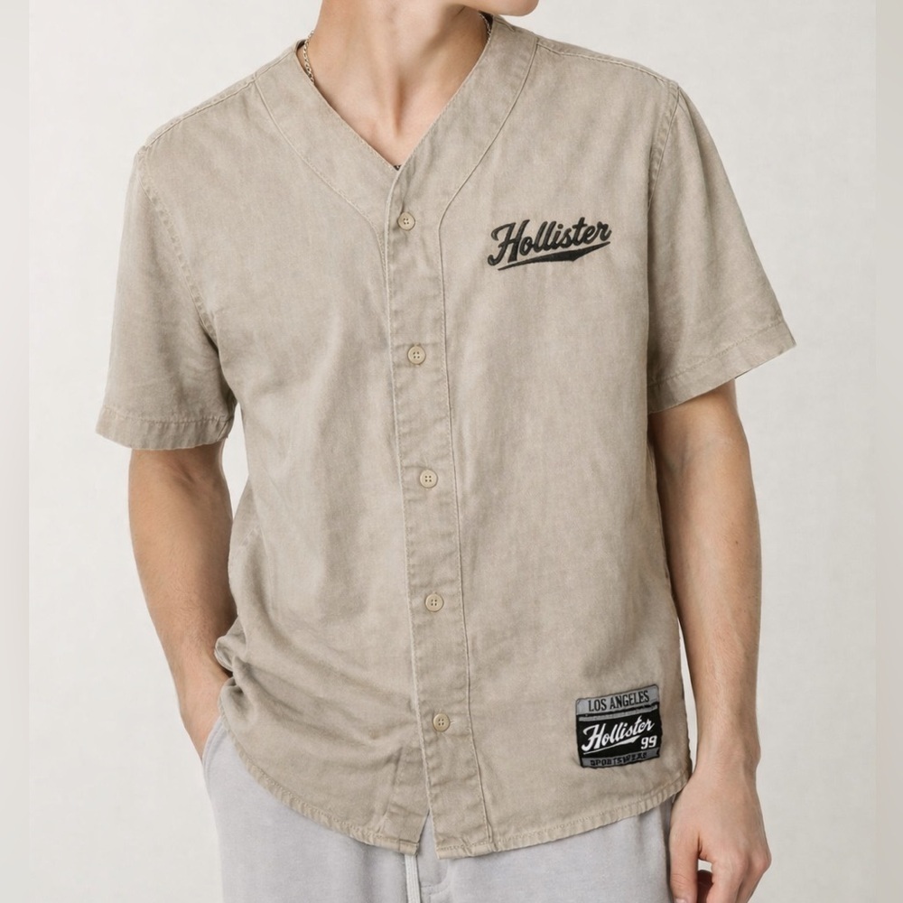 Hollister Tan Baseball Button Shirt Men’s Size L Short Sleeve
